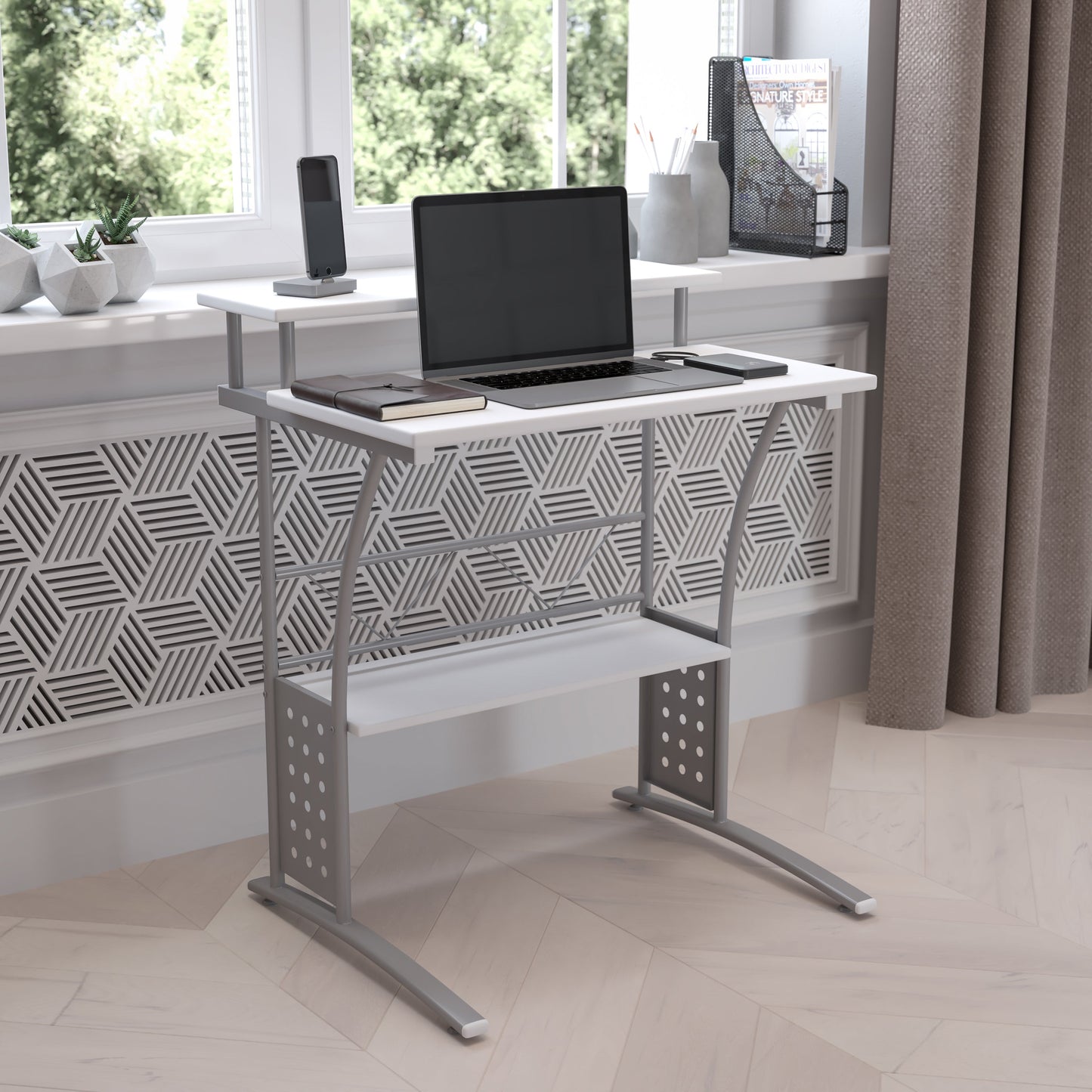 White Perforated Panel Desk NAN-CLIFTON-WH-GG