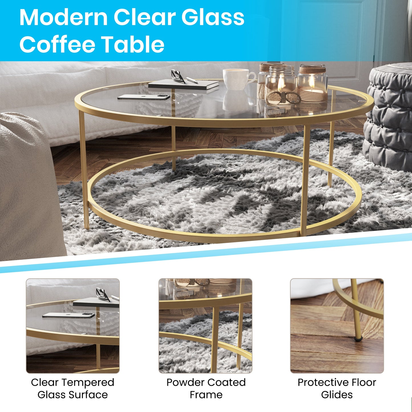 Glass Coffee Table-Gold Frame NAN-JN-21750CT-GG