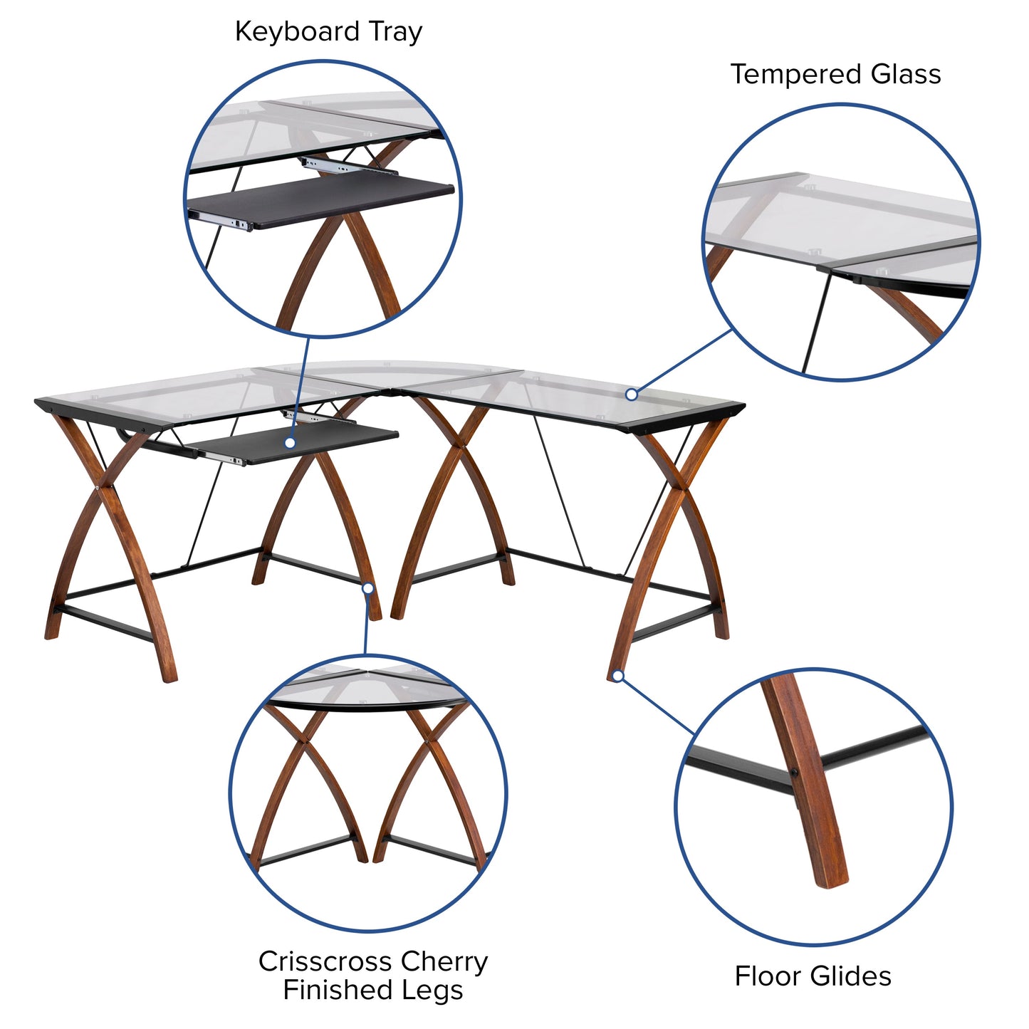 Glass/Cherry L-Shape Desk NAN-JN-2824SL-COMBO-GG