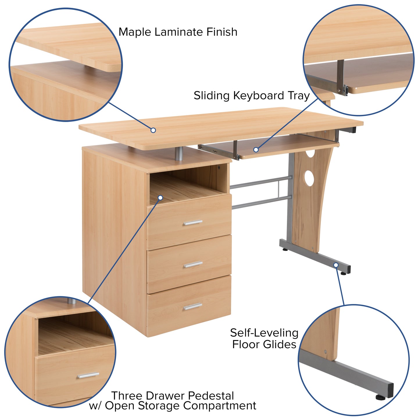 Maple 3 Drawer Pedestal Desk NAN-WK-008-MP-GG