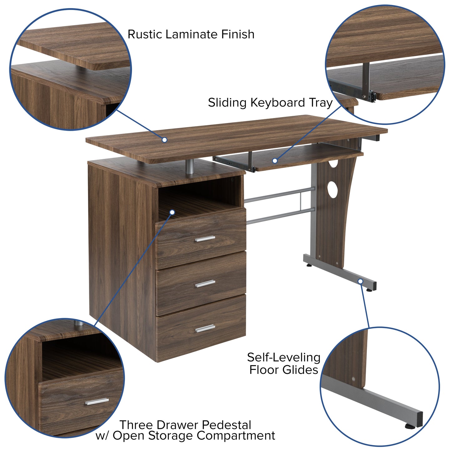 Walnut 3 Drawer Pedestal Desk NAN-WK-008-RU-GG