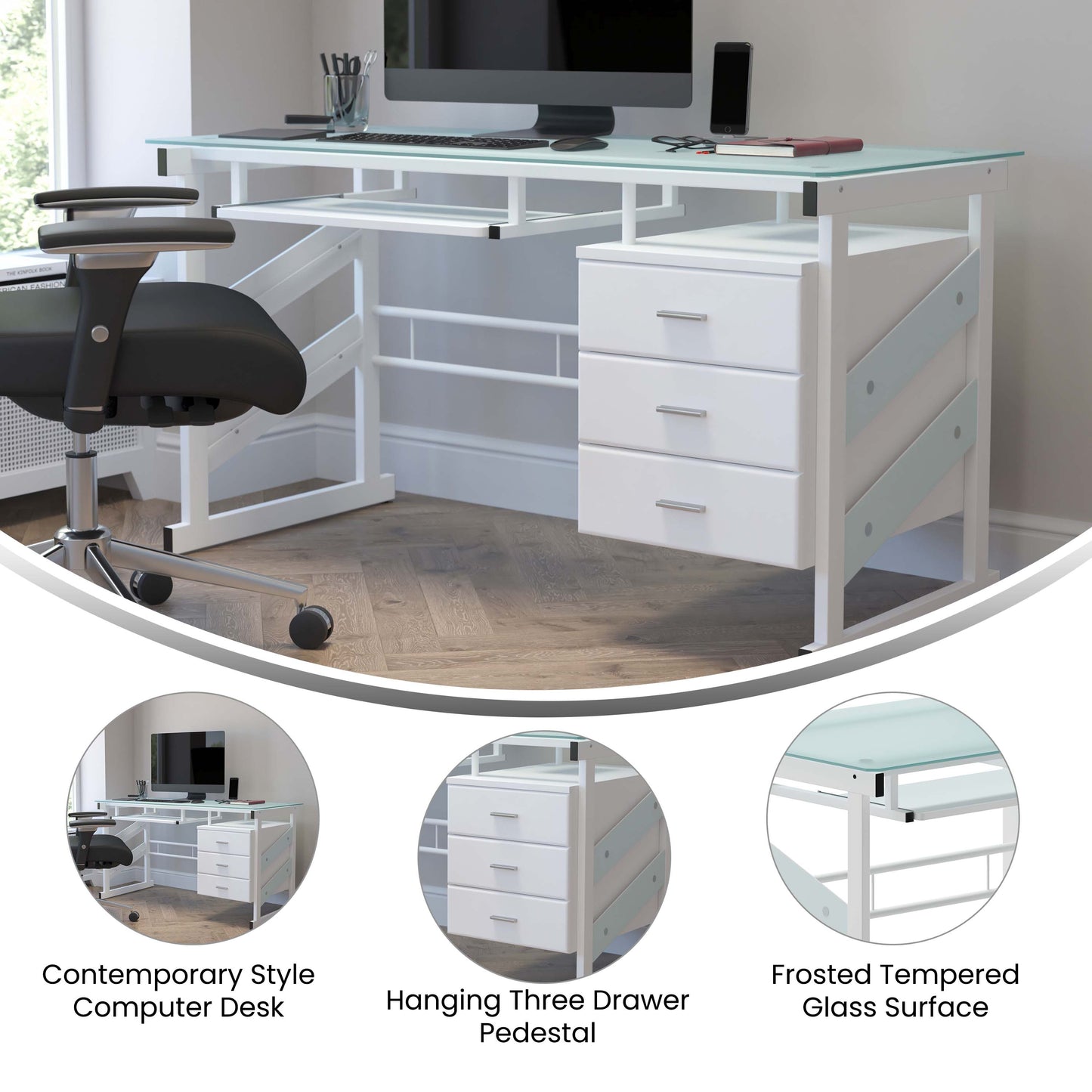 Frosted Glass 3 Drawer Desk NAN-WK-017-GG