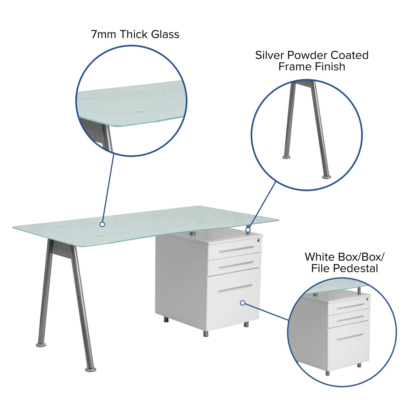 Glass 3 Drawer Pedestal Desk NAN-WK-021-GG