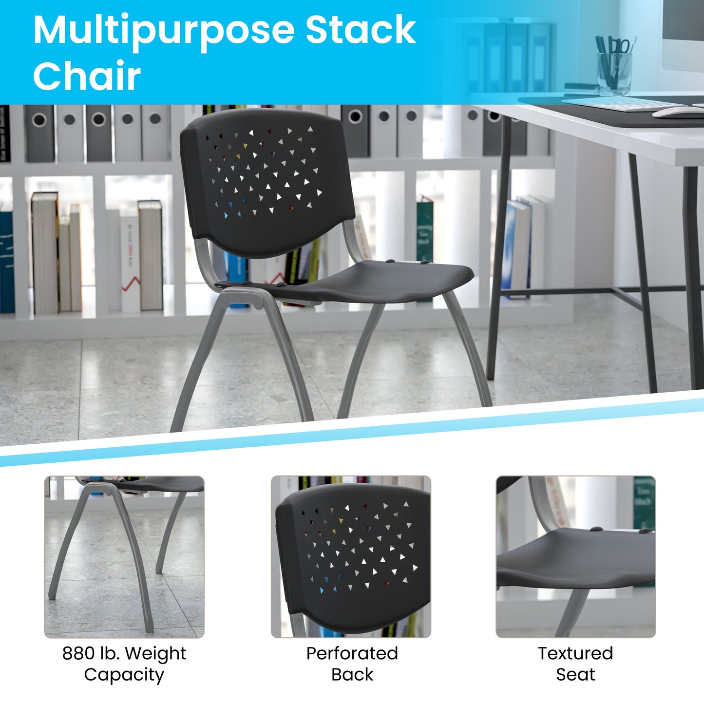 Black Plastic Stack Chair RUT-F01A-BK-GG