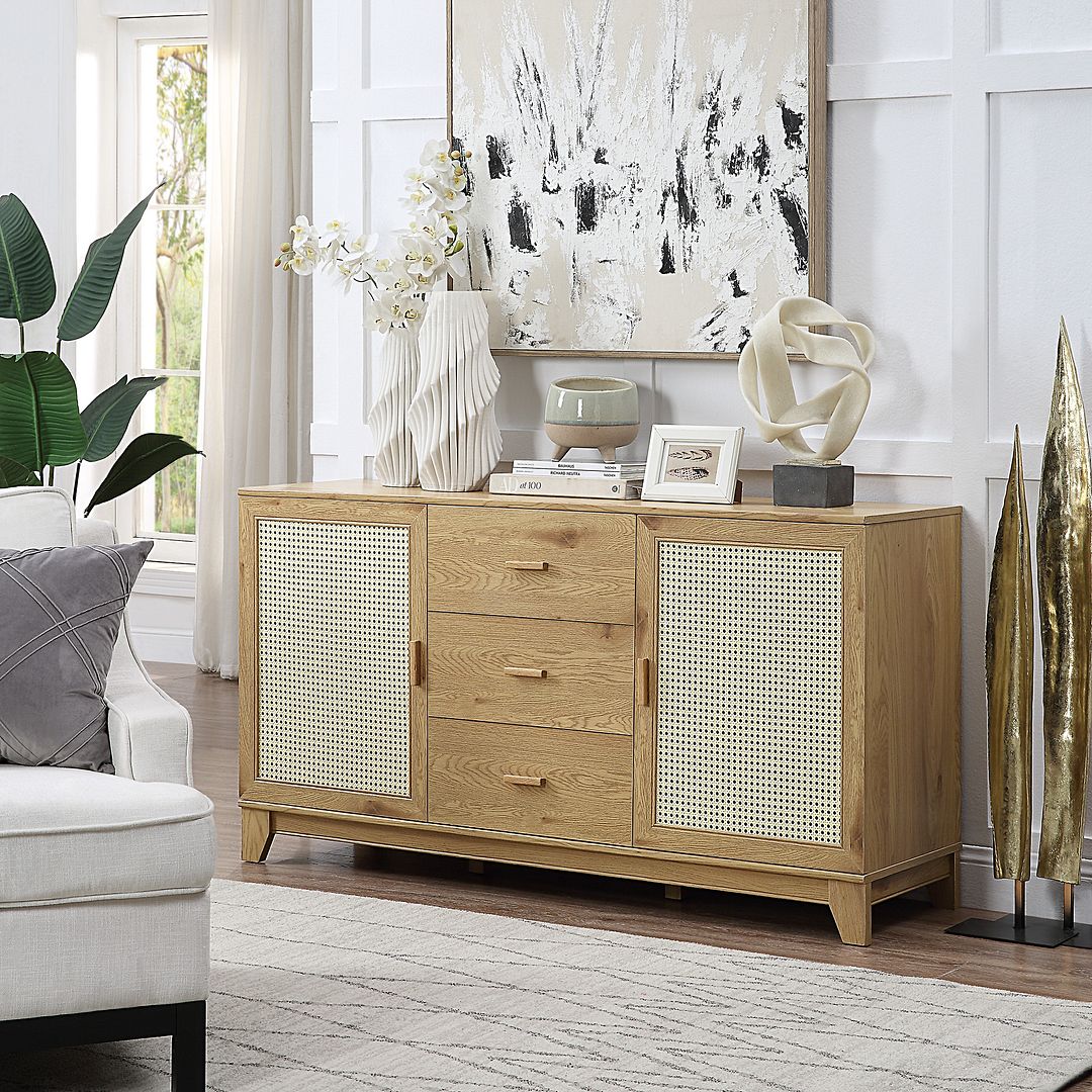 Manhattan Comfort Sheridan 59.05 Modern Cane Sideboard with Adjustable Shelves in Nature