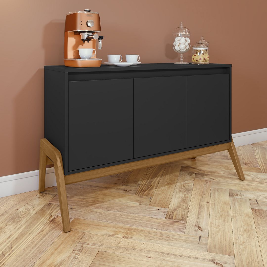 Manhattan Comfort Mid-Century Modern Gales 48.50 Sideboard with Solid Wood Legs in Matte Black