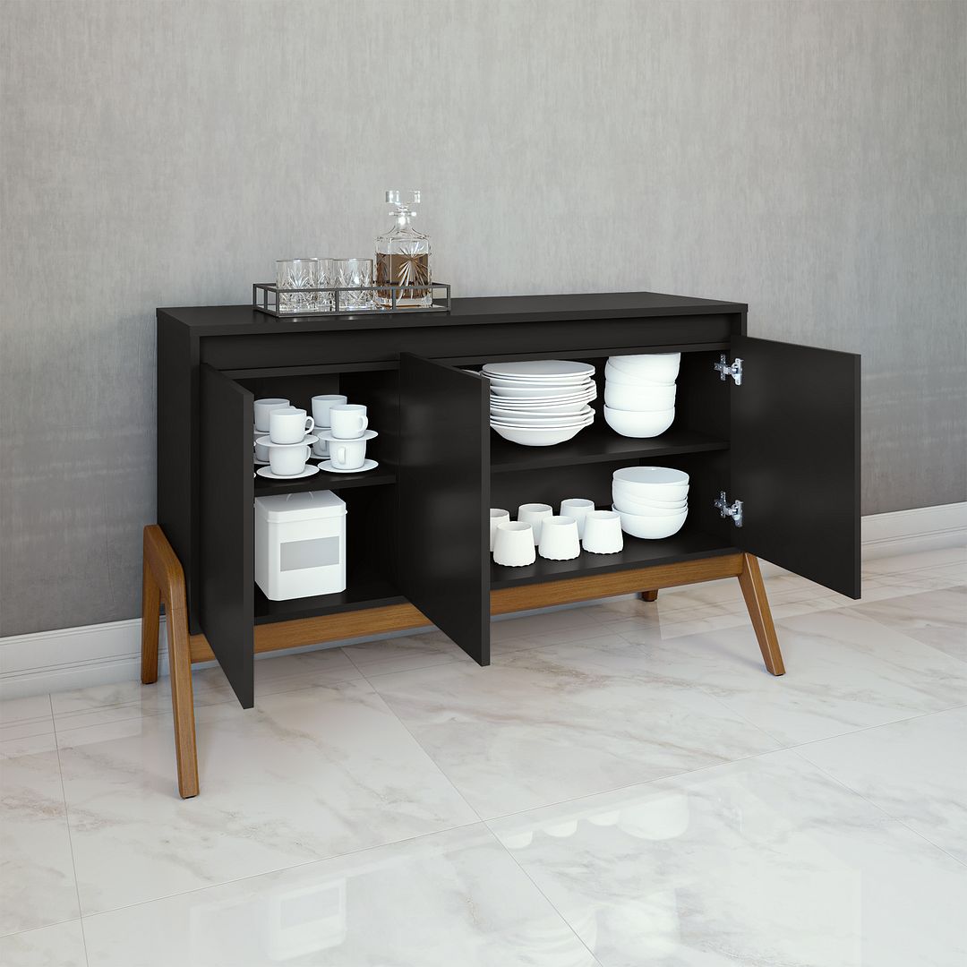 Manhattan Comfort Mid-Century Modern Gales 48.50 Sideboard with Solid Wood Legs in Matte Black