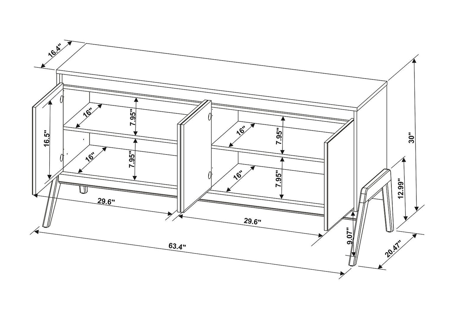 Manhattan Comfort Mid-Century Modern Gales 63.32 Sideboard with Solid Wood Legs in Matte Black