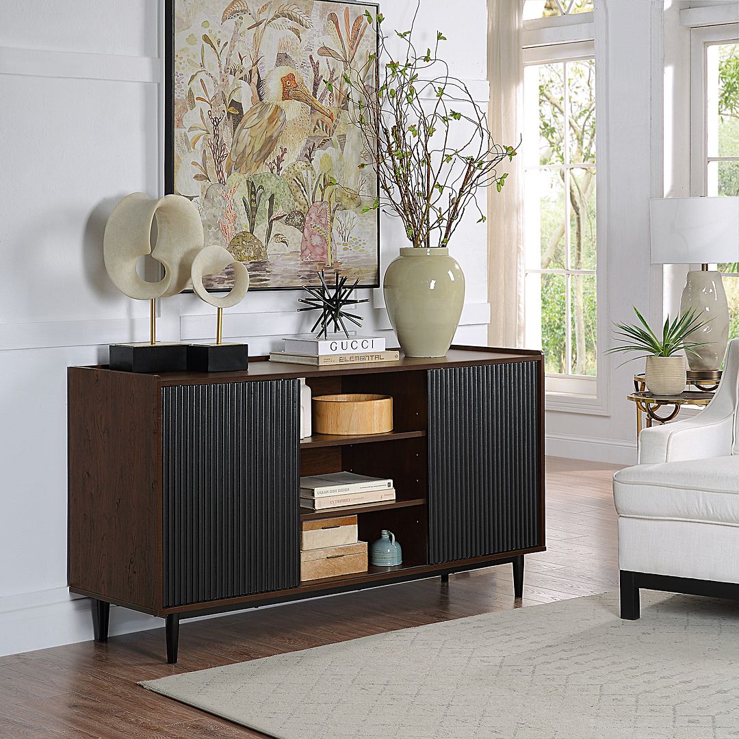 Manhattan Comfort Duane 59.05 Modern Ribbed Sideboard with Adjustable Shelves in Dark Brown and Black