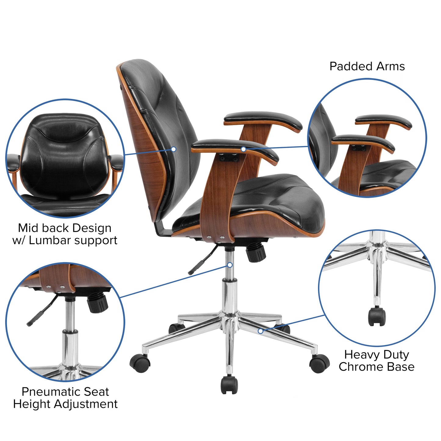 Black Mid-Back Leather Chair SD-SDM-2235-5-BK-GG