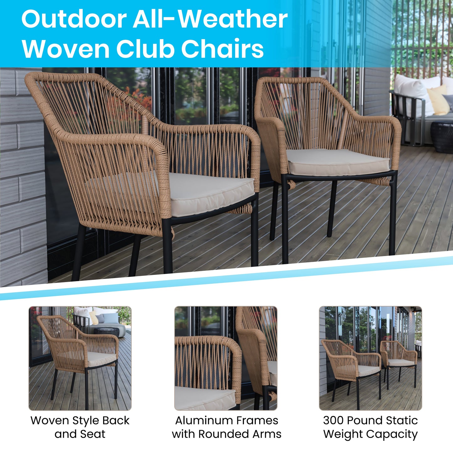 Set of 2 All-Weather Club Chairs with Arms - Stacks up to 6 Chairs High