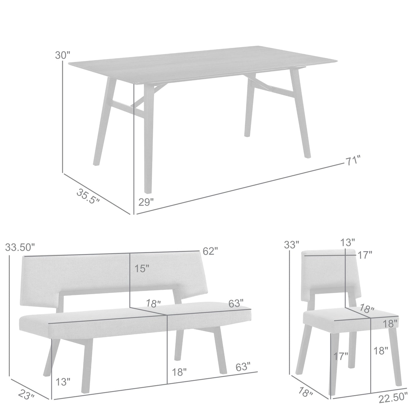 Channell 5 Piece Black Wood Dining Table Set with Benches in Charcoal Fabric