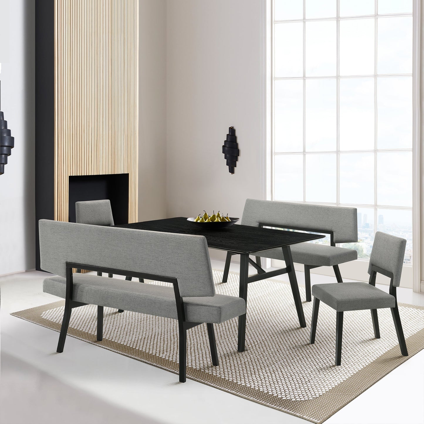 Channell 5 Piece Black Wood Dining Table Set with Benches in Charcoal Fabric