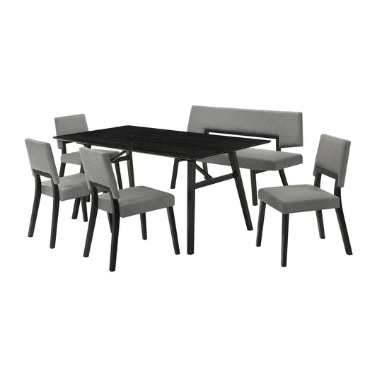 Channell 6 Piece Black Wood Dining Table Set with Bench in Charcoal Fabric