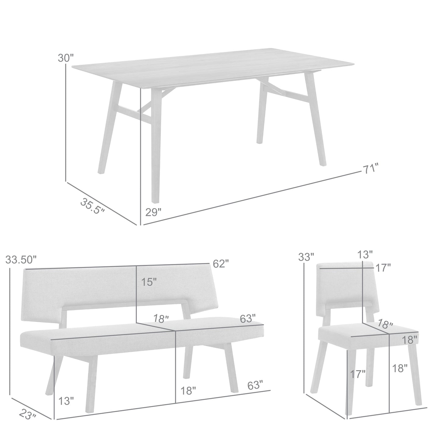 Channell 5 Piece Walnut Wood Dining Table Set with Benches in Blue Fabric