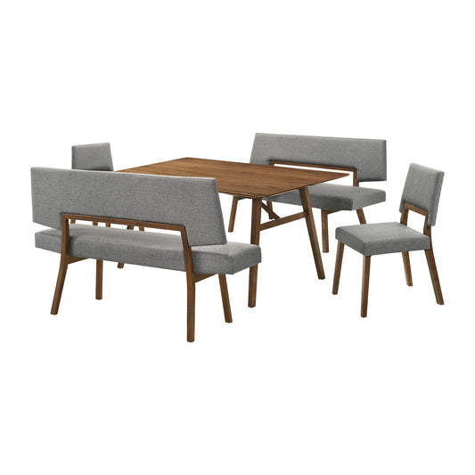 Channell 5 Piece Walnut Wood Dining Table Set with Benches in Charcoal Fabric