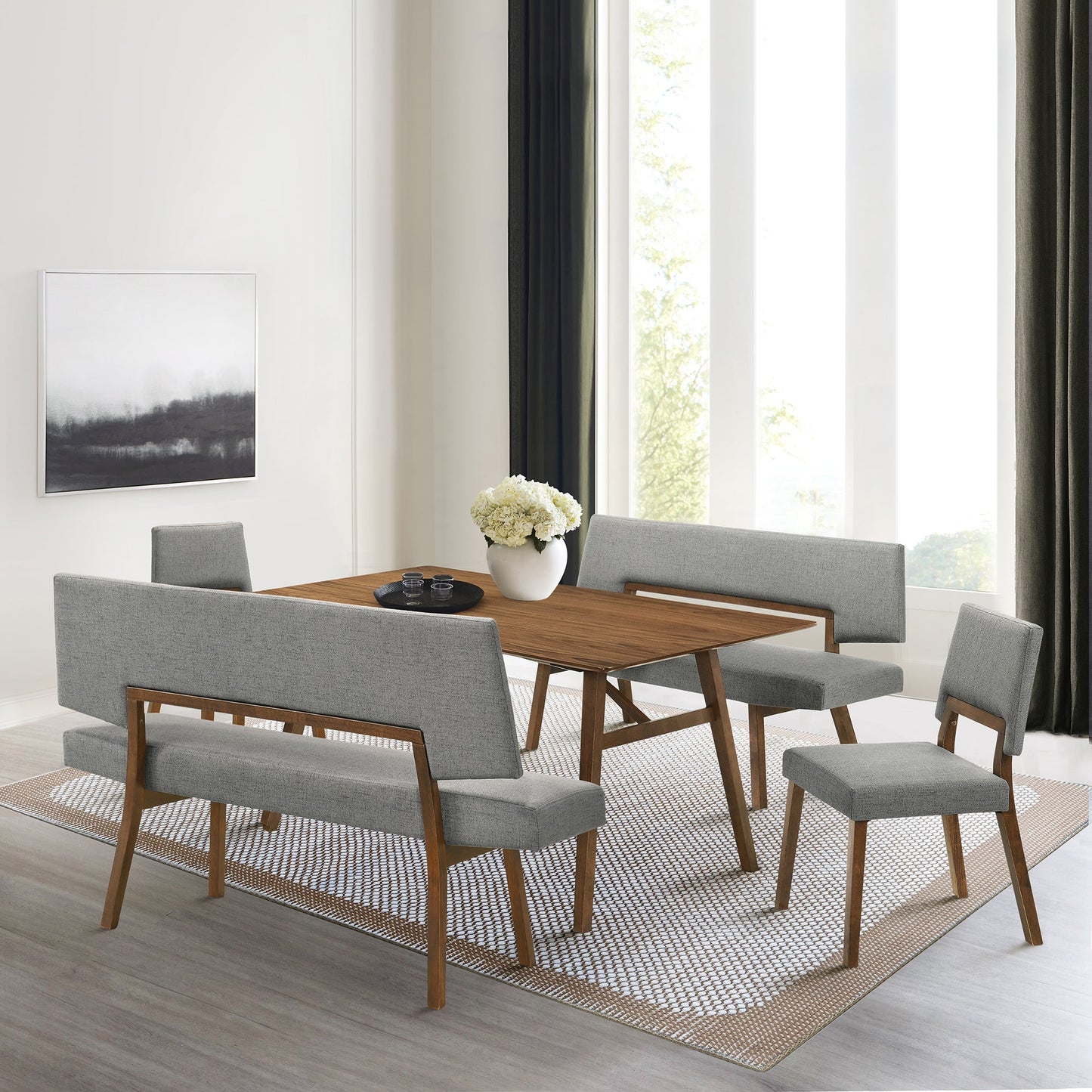 Channell 5 Piece Walnut Wood Dining Table Set with Benches in Charcoal Fabric