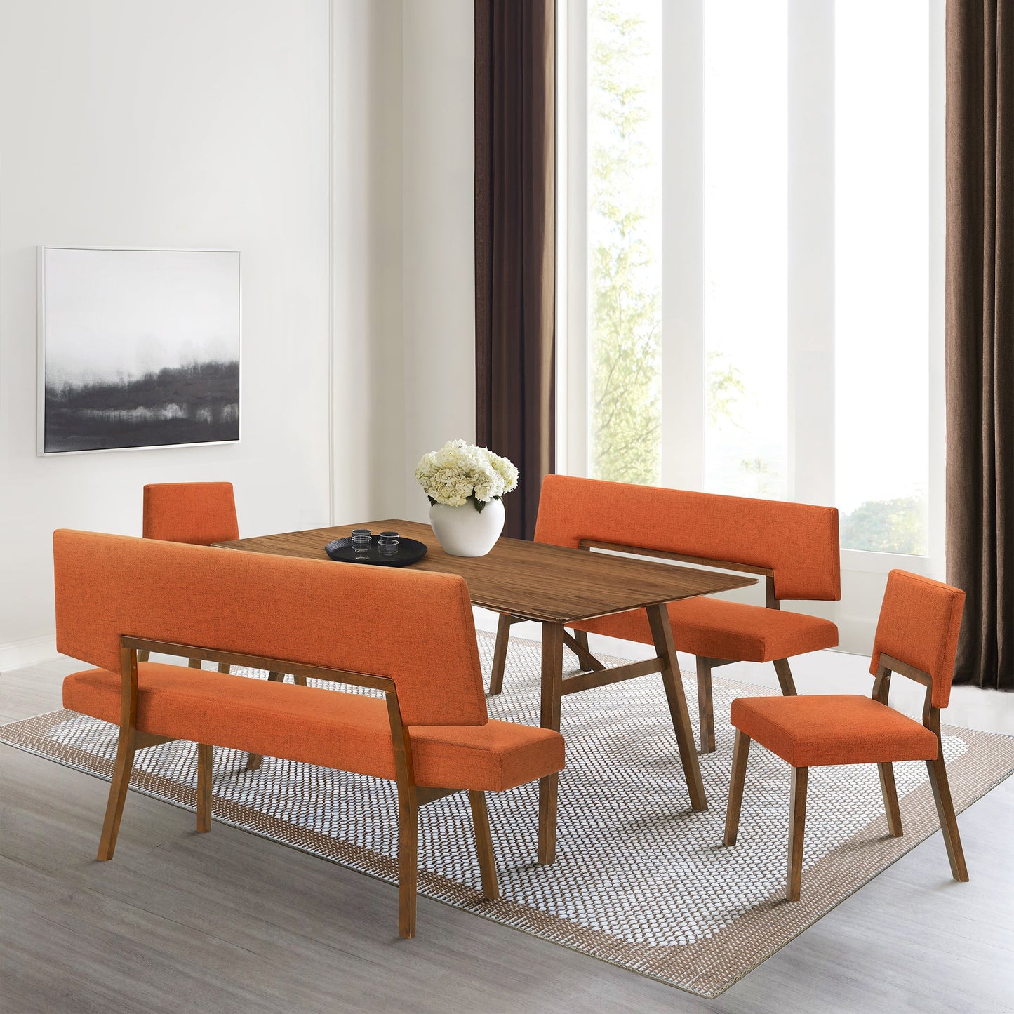 Channell 5 Piece Walnut Wood Dining Table Set with Benches in Orange Fabric