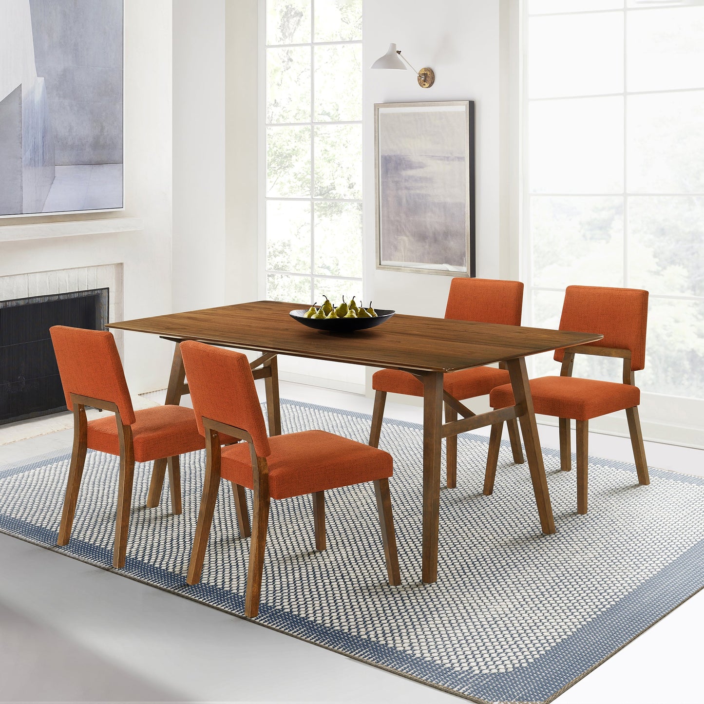 Channell 5 Piece Walnut Wood Dining Table Set with Orange Fabric