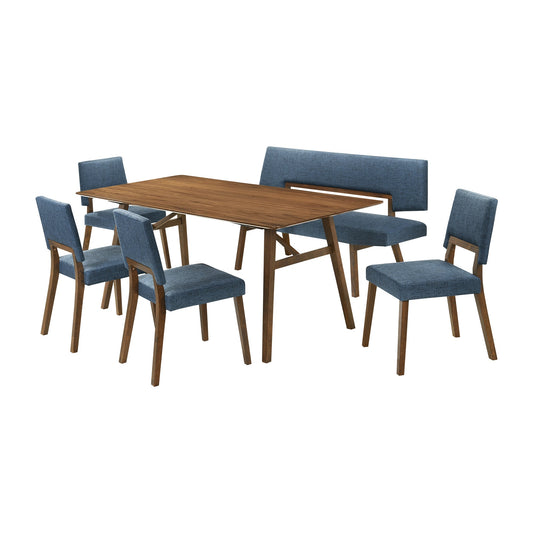 Channell 6 Piece Walnut Wood Dining Table Set with Bench in Blue Fabric