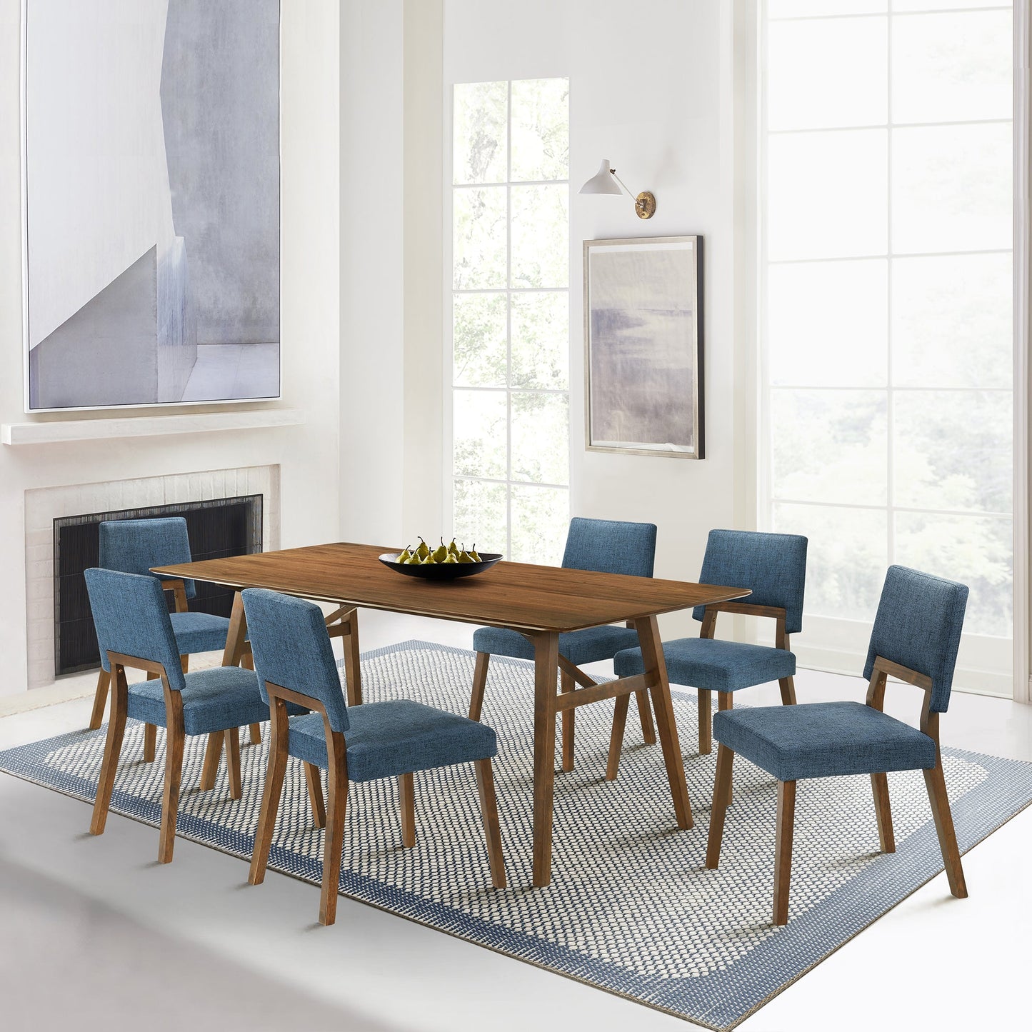 Channell 7 Piece Walnut Wood Dining Table Set with Blue Fabric