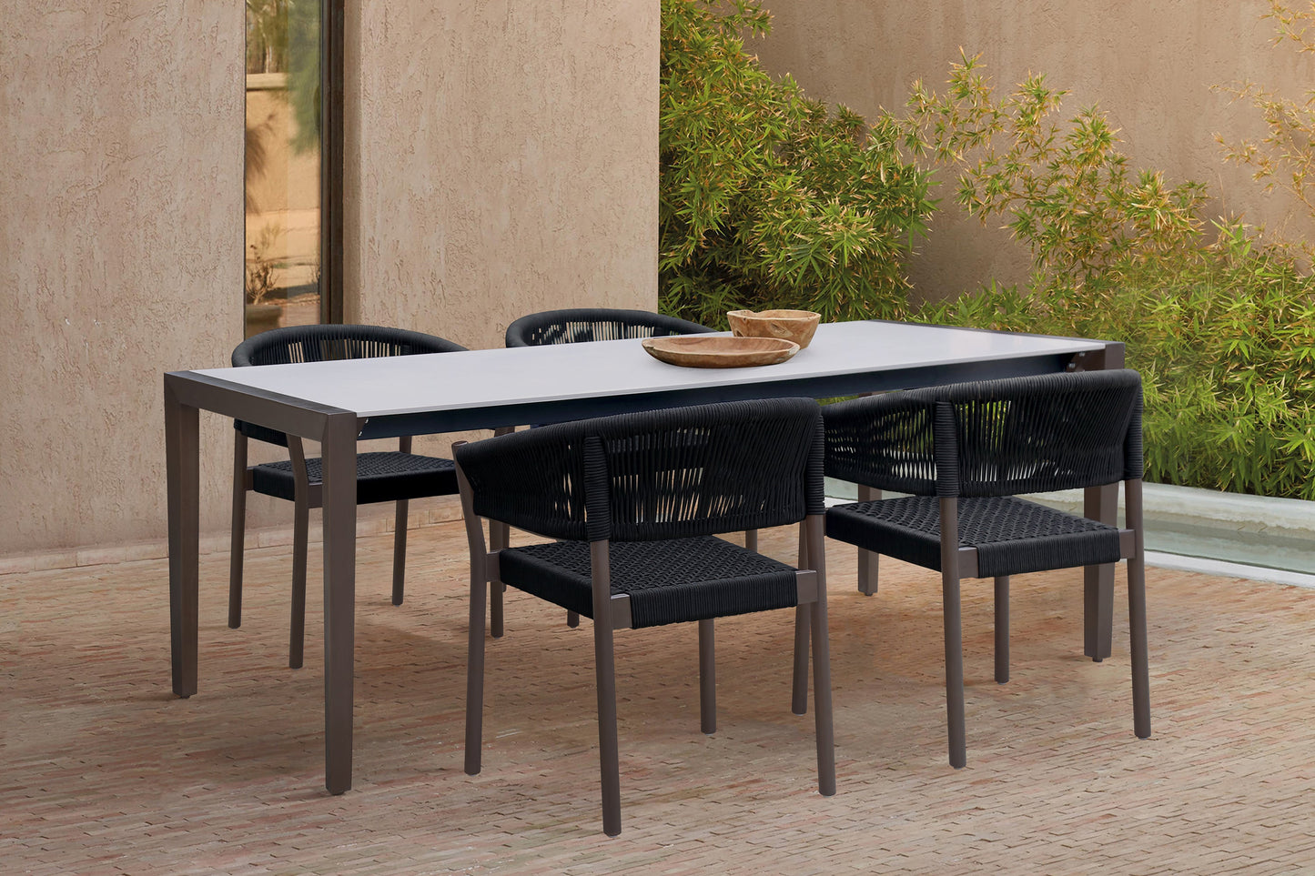 Fineline and Doris Indoor Outdoor 5 Piece Dining Set in Dark Eucalyptus Wood with Superstone and Black Rope