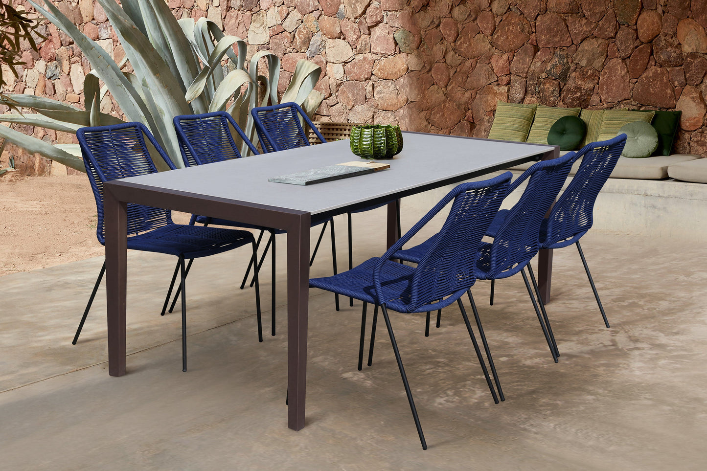 Fineline and Clip Indoor Outdoor 7 Piece Dining Set in Dark Eucalyptus Wood with Superstone and Blue Rope