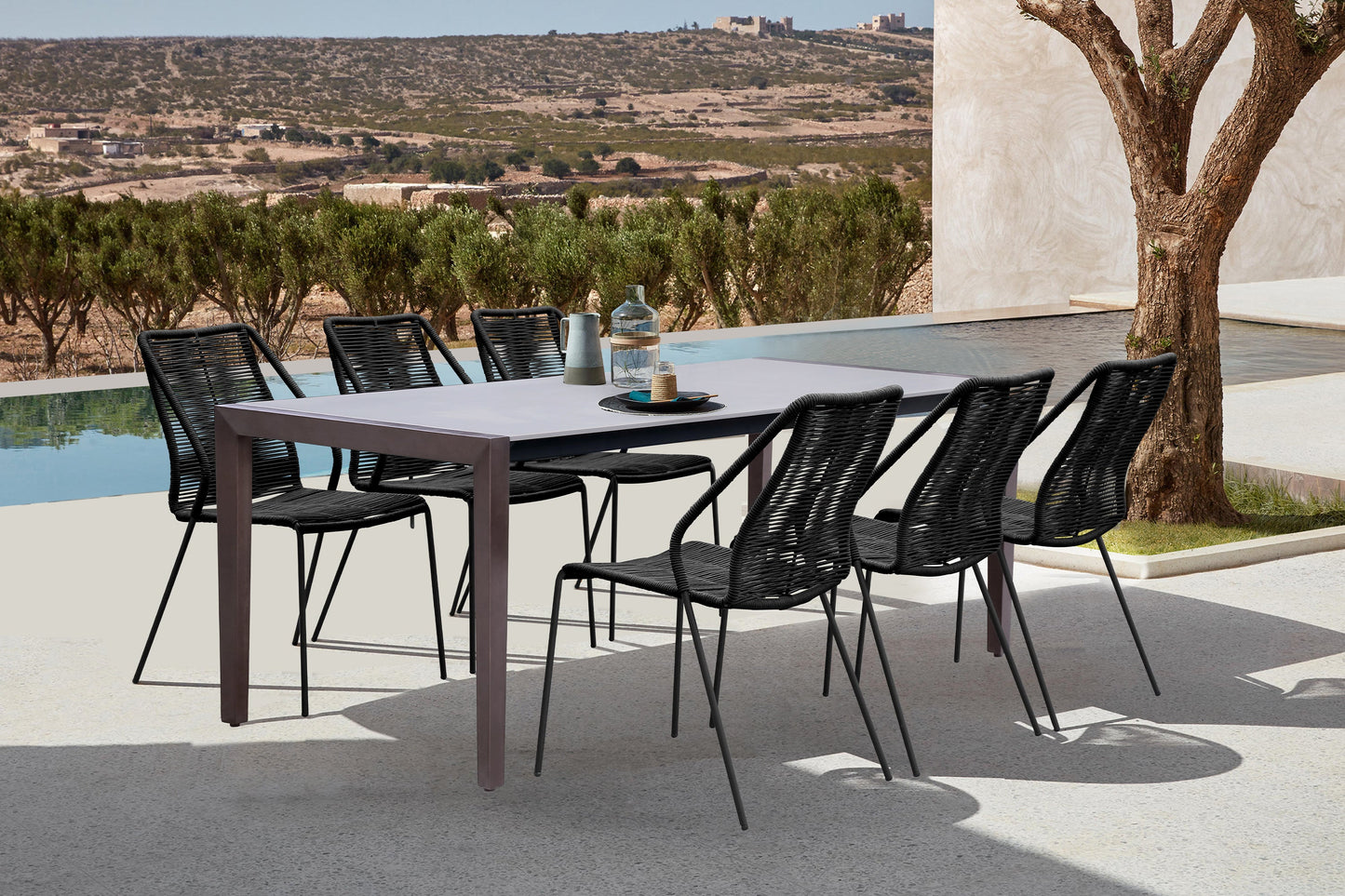 Fineline and Clip Indoor Outdoor 7 Piece Dining Set in Dark Eucalyptus Wood with Superstone and Black Rope