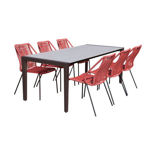 Fineline and Clip Indoor Outdoor 7 Piece Dining Set in Dark Eucalyptus Wood with Superstone and Brick Red Rope