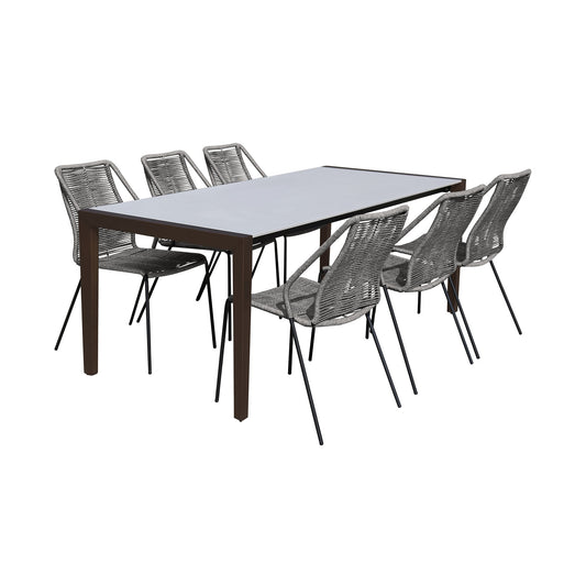 Fineline and Clip Indoor Outdoor 7 Piece Dining Set in Dark Eucalyptus Wood with Superstone and Gray Rope