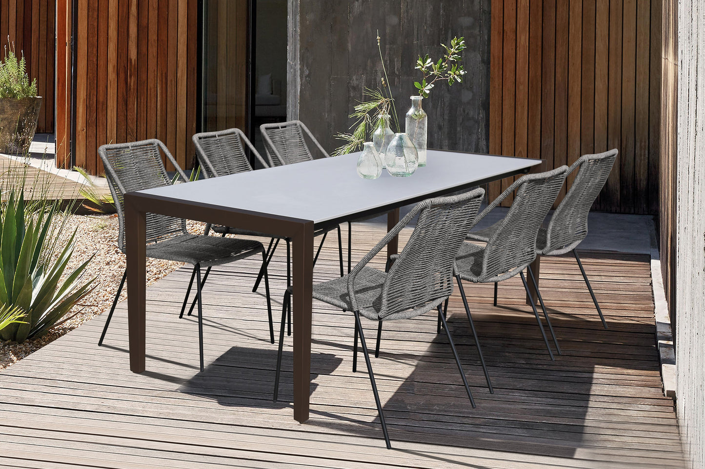 Fineline and Clip Indoor Outdoor 7 Piece Dining Set in Dark Eucalyptus Wood with Superstone and Gray Rope