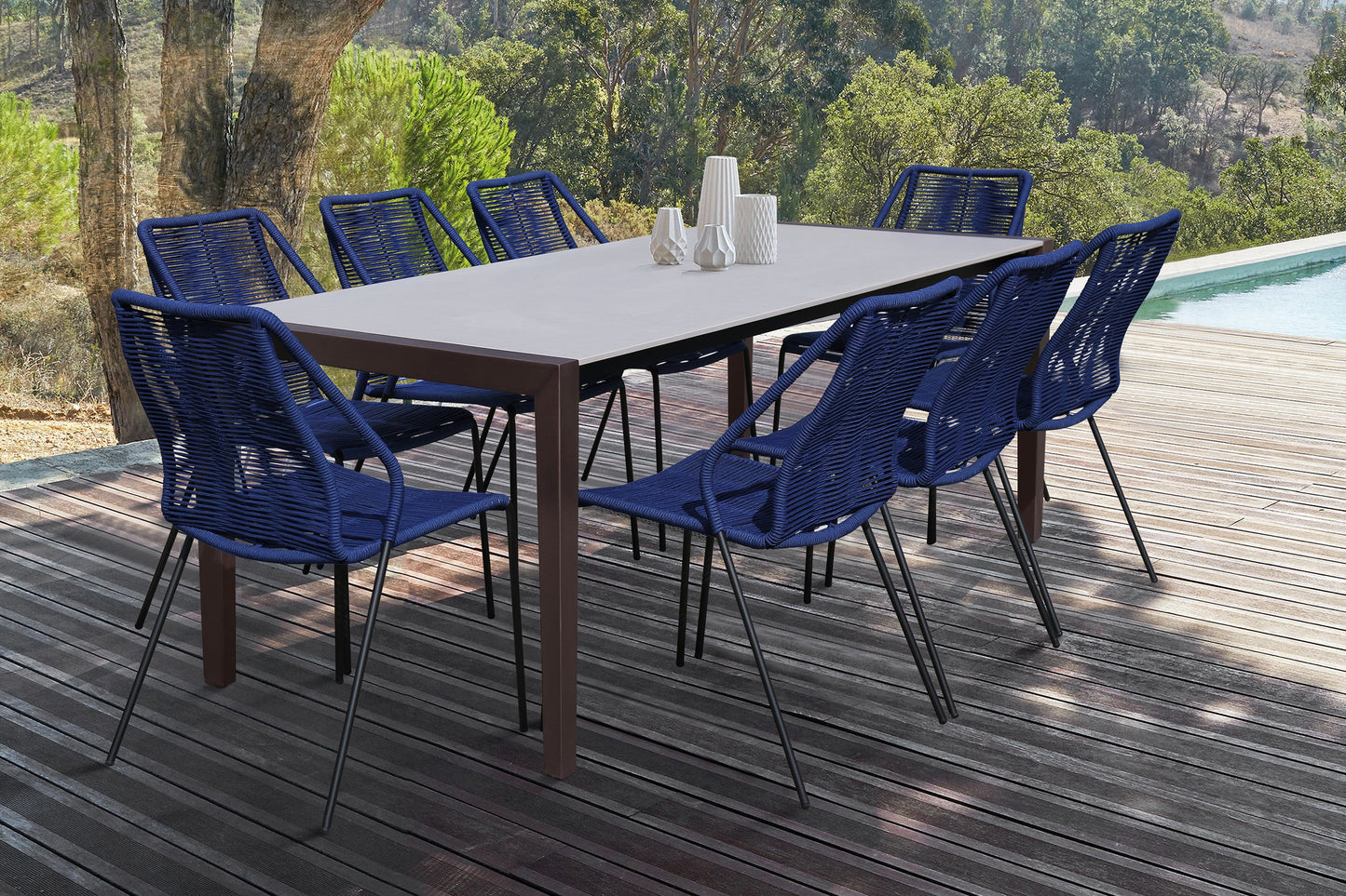 Fineline and Clip Indoor Outdoor 9 Piece Dining Set in Dark Eucalyptus Wood with Superstone and Blue Rope