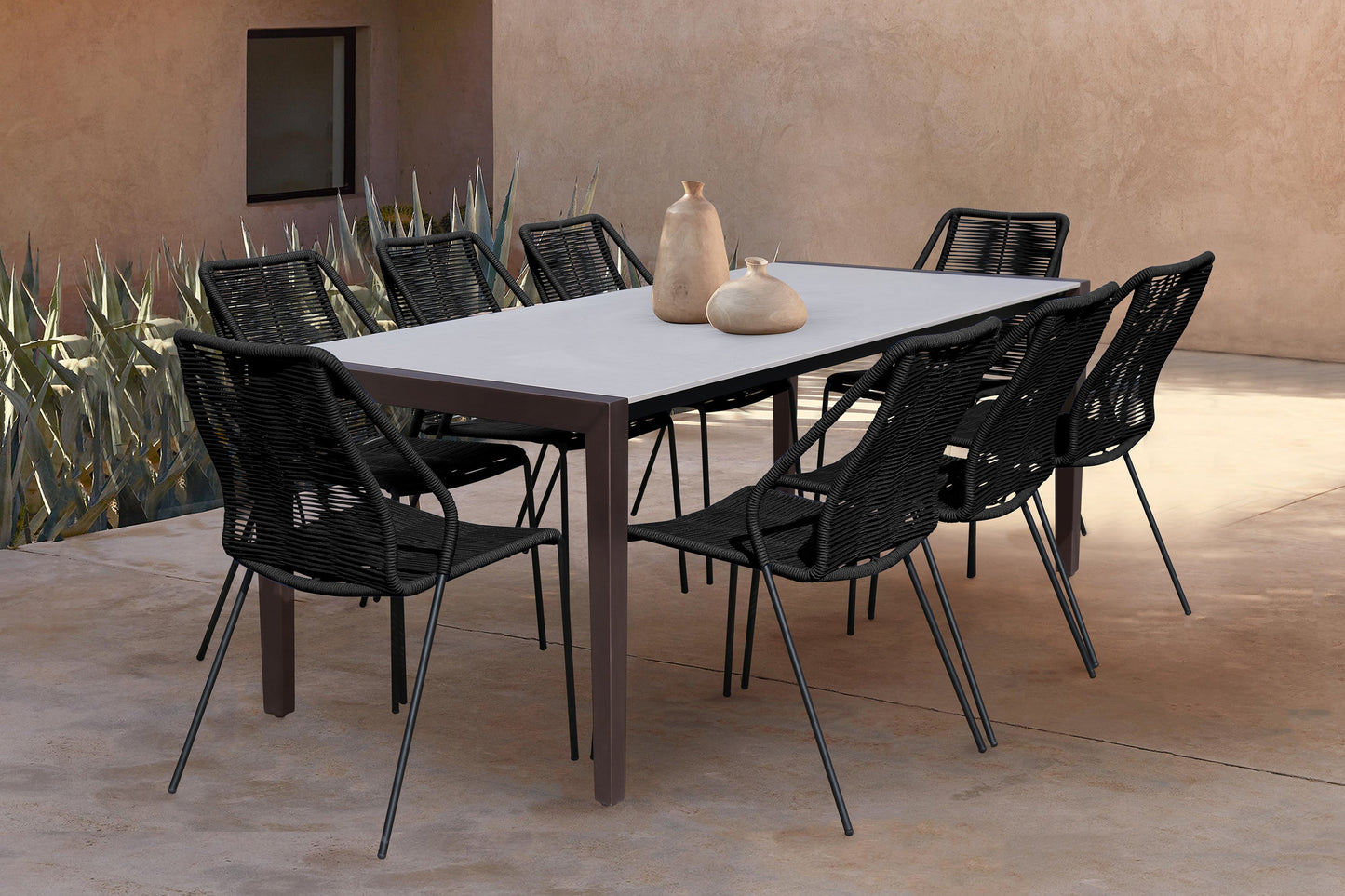 Fineline and Clip Indoor Outdoor 9 Piece Dining Set in Dark Eucalyptus Wood with Superstone and Black Rope