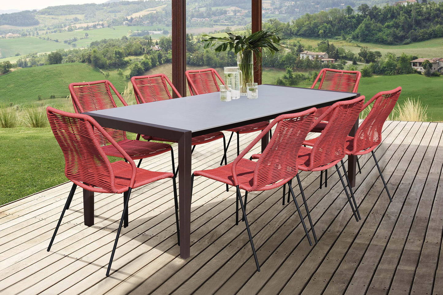 Fineline and Clip Indoor Outdoor 9 Piece Dining Set in Dark Eucalyptus Wood with Superstone and Brick Red Rope