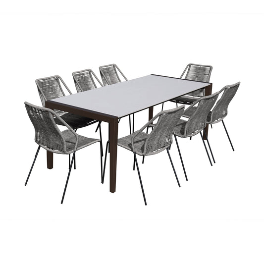 Fineline and Clip Indoor Outdoor 9 Piece Dining Set in Dark Eucalyptus Wood with Superstone and Gray Rope