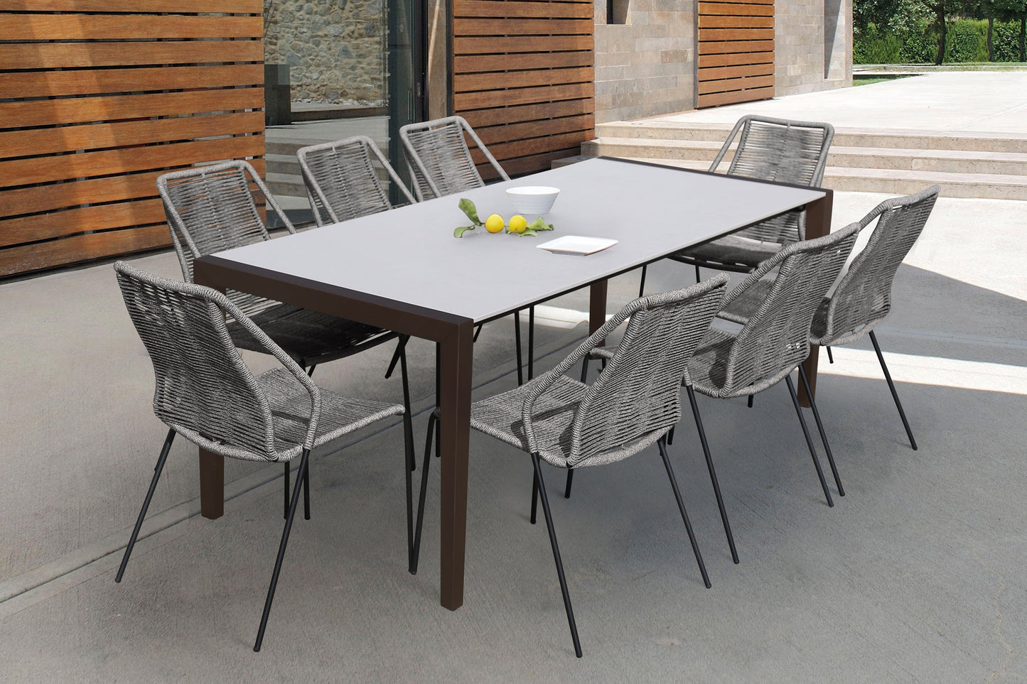 Fineline and Clip Indoor Outdoor 9 Piece Dining Set in Dark Eucalyptus Wood with Superstone and Gray Rope