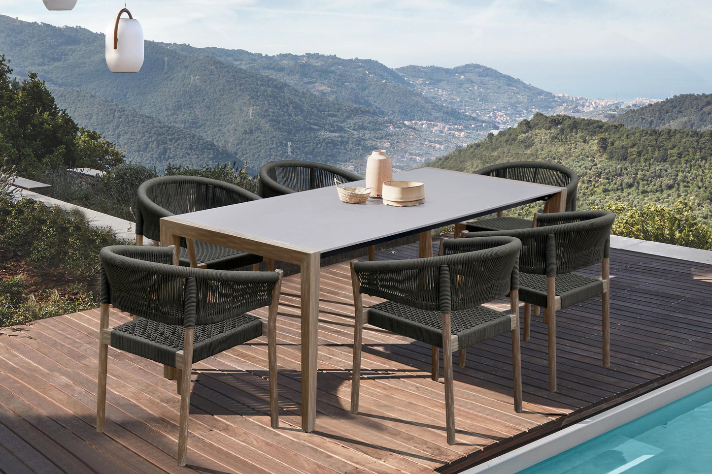 Fineline and Doris Indoor Outdoor 7 Piece Dining Set in Light Eucalyptus Wood with Superstone and Charcoal Rope