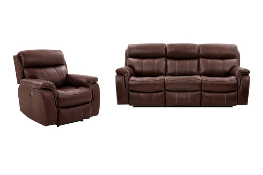 Montague Dual Power Reclining 2 Piece Sofa and Recliner Set in Genuine Brown Leather