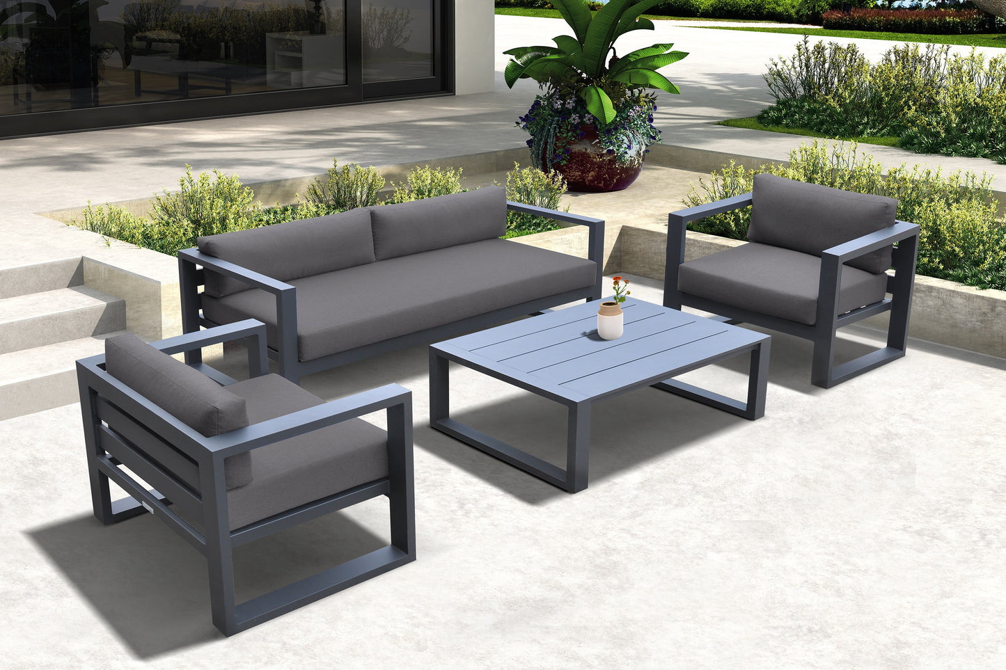 Aelani Outdoor 4 piece Set in Dark Gray Finish and Charcoal Cushions