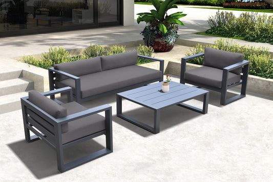 Aelani Outdoor 4 piece Set in Dark Gray Finish and Charcoal Cushions