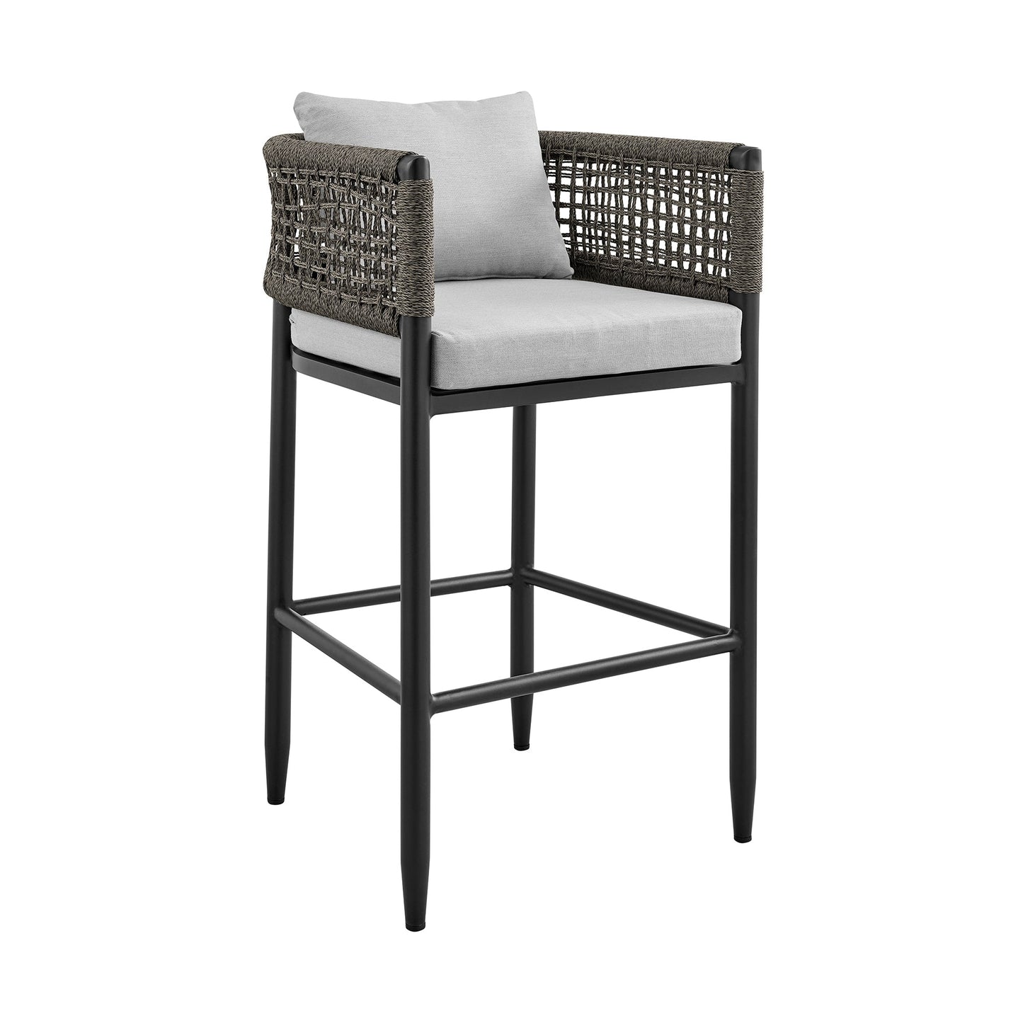 Alegria Outdoor Patio 5-Piece Bar Table Set in Aluminum with Gray Rope and Cushions