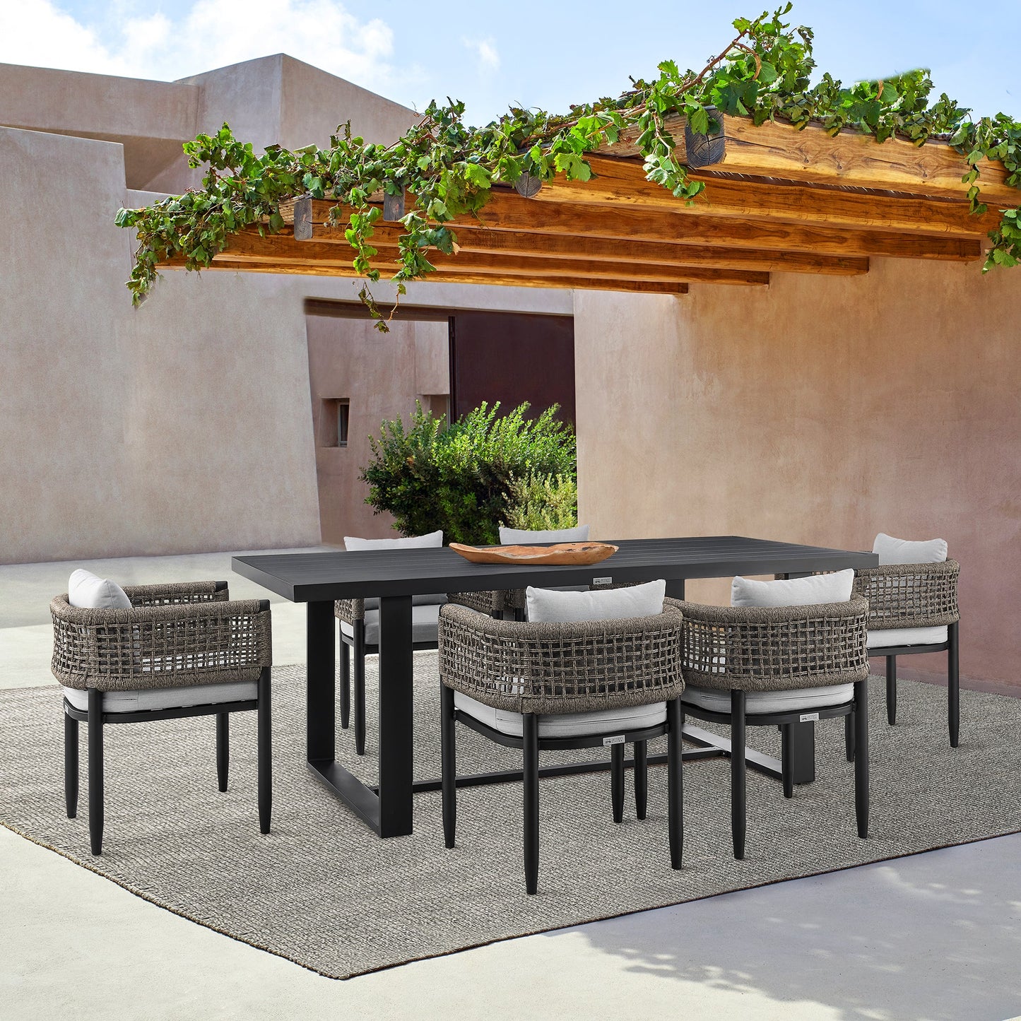 Alegria Outdoor Patio 7-Piece Dining Table Set in Aluminum with Gray Rope and Cushions