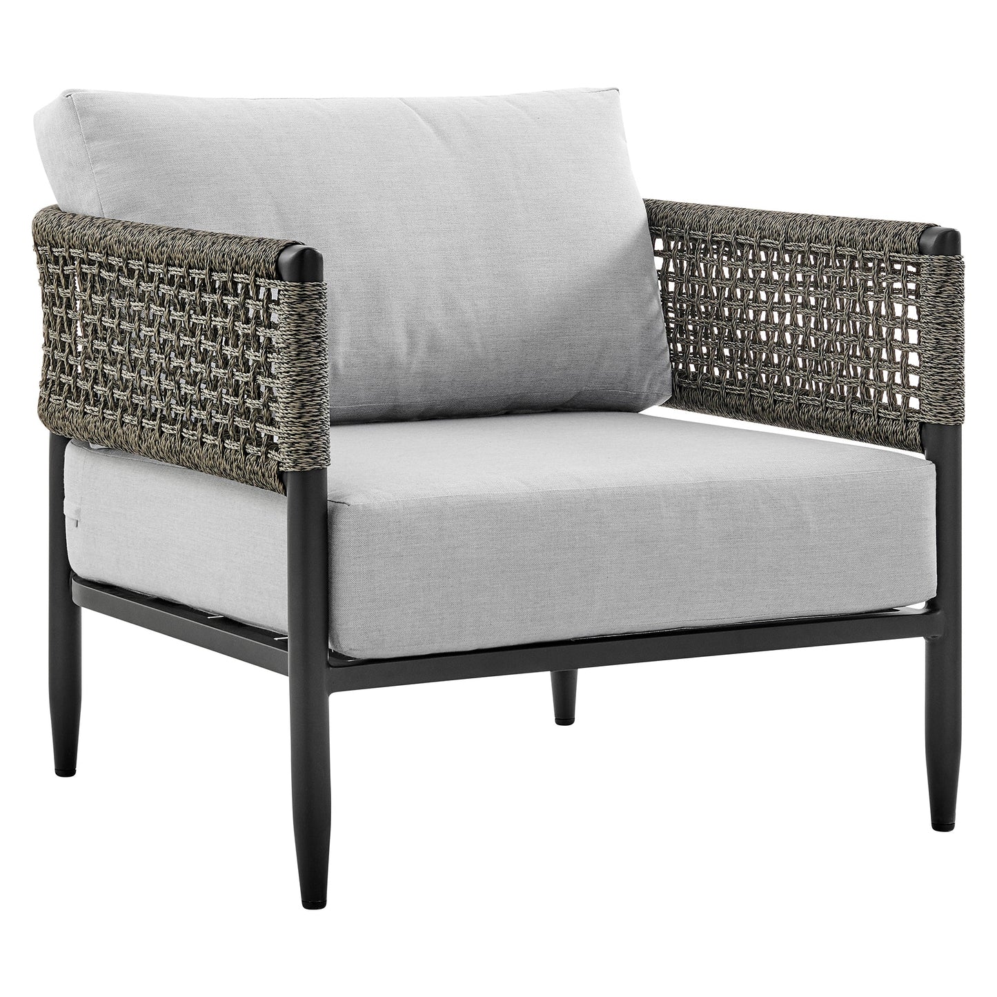 Alegria 4 Piece Outdoor Black Aluminum & Rope Conversation Set with Light Gray Fabric Cushions