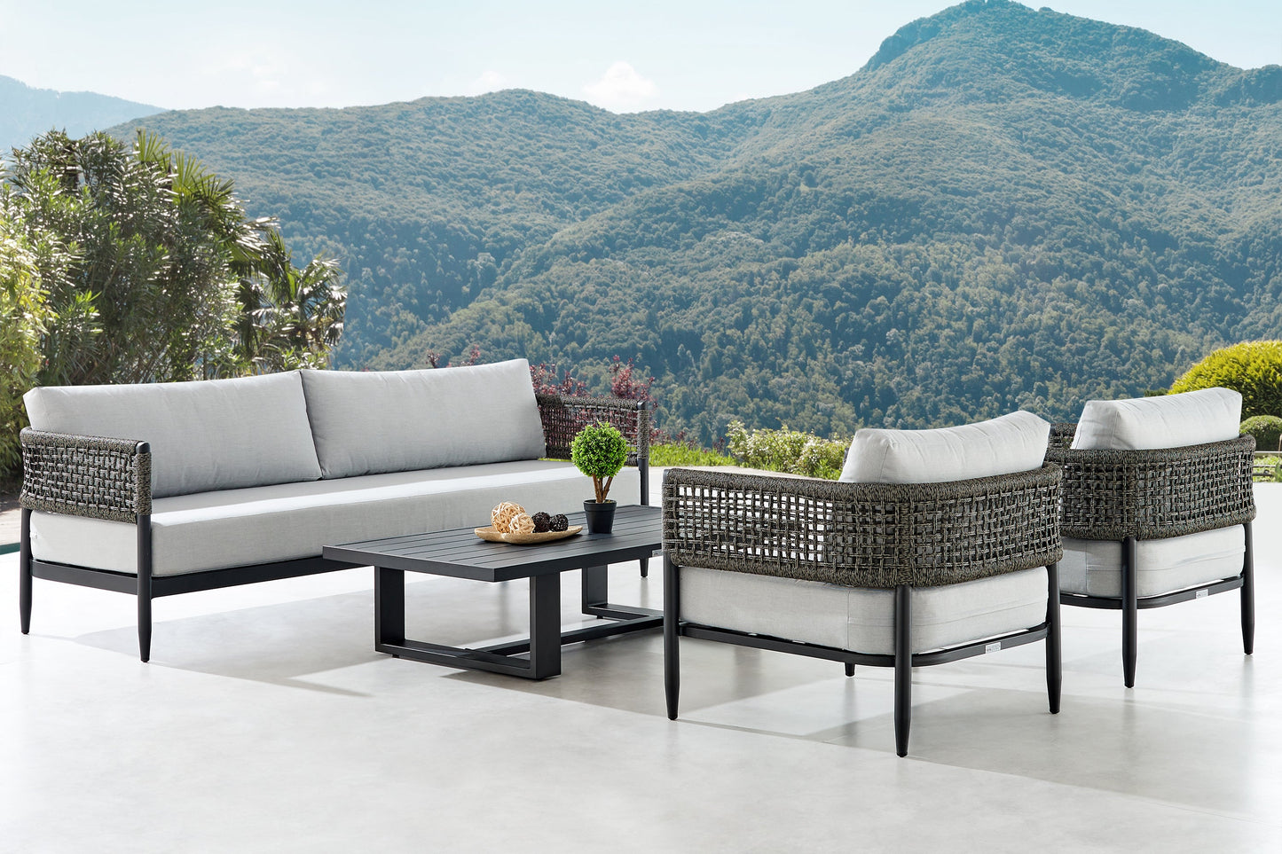 Alegria 4 Piece Outdoor Black Aluminum & Rope Conversation Set with Light Gray Fabric Cushions