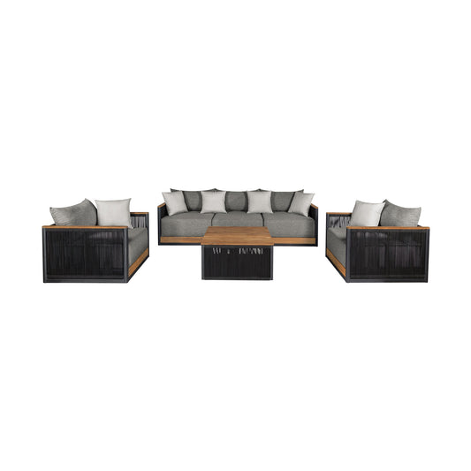 Artesia Outdoor Patio 4 Piece Conversation Set in Teak Wood and Black Rope with Dark Gray Olefin Cushions