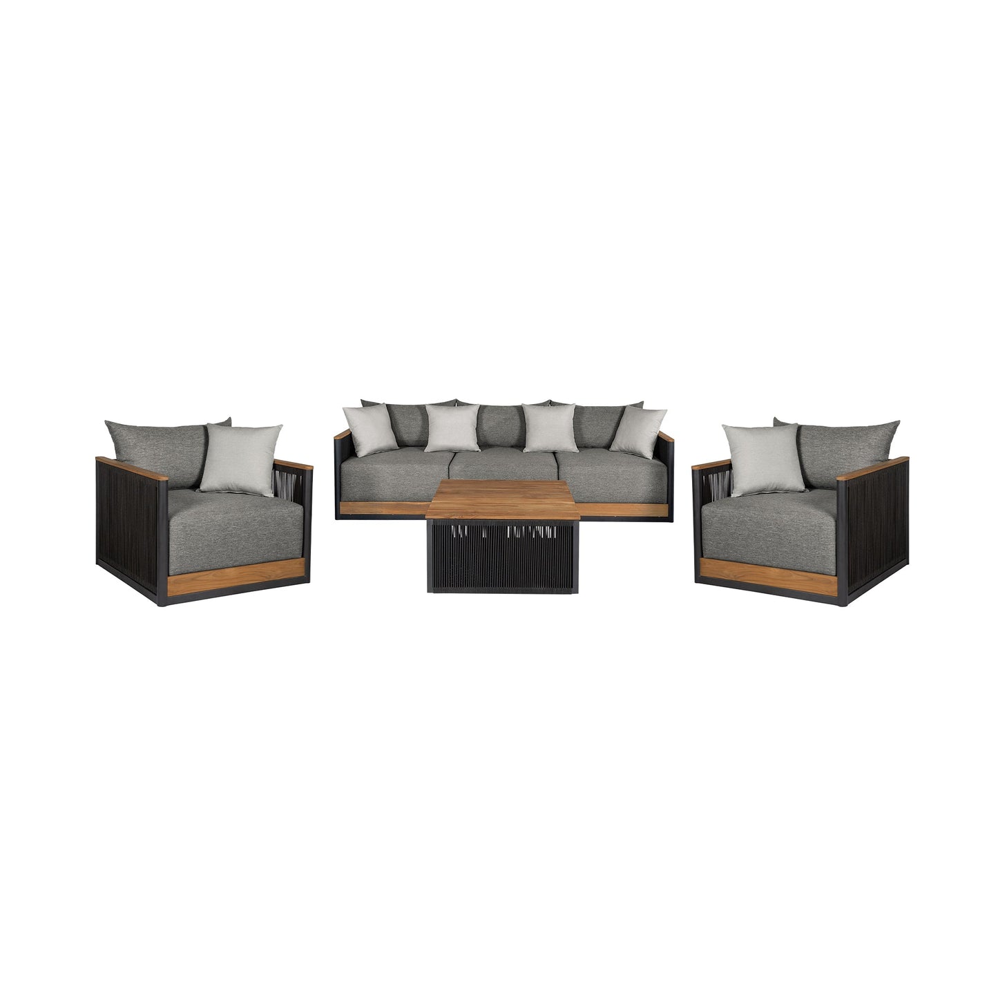 Artesia Outdoor Patio 4 Piece Conversation Set in Teak Wood and Black Rope with Dark Gray Olefin Cushions