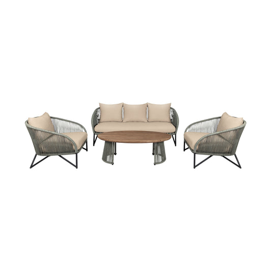 Benicia Outdoor Patio 4 Piece Conversation Set in Weathered Eucalyptus Wood and Metal with Gray Rope and Taupe Cushions