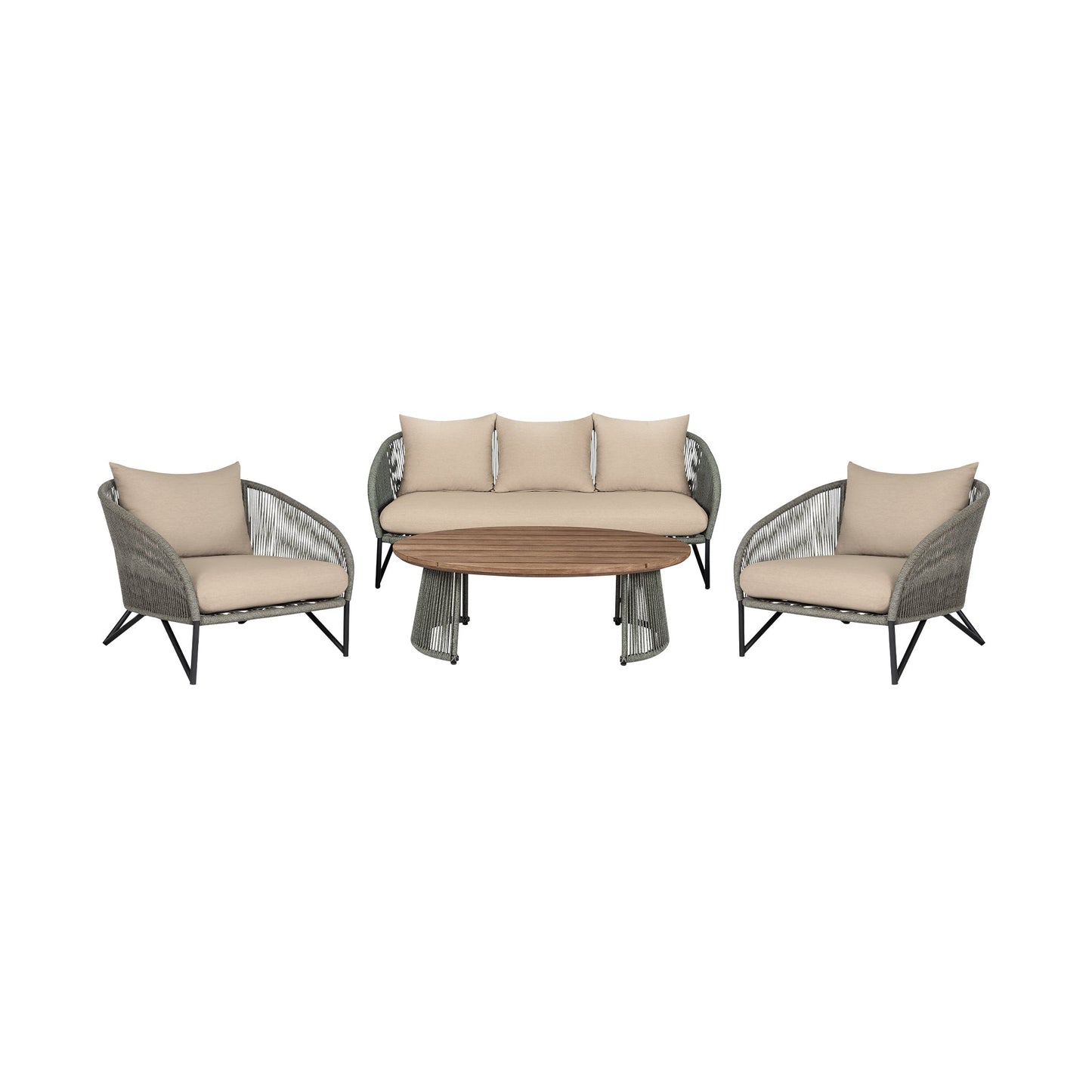 Benicia Outdoor Patio 4 Piece Conversation Set in Weathered Eucalyptus Wood and Metal with Gray Rope and Taupe Cushions