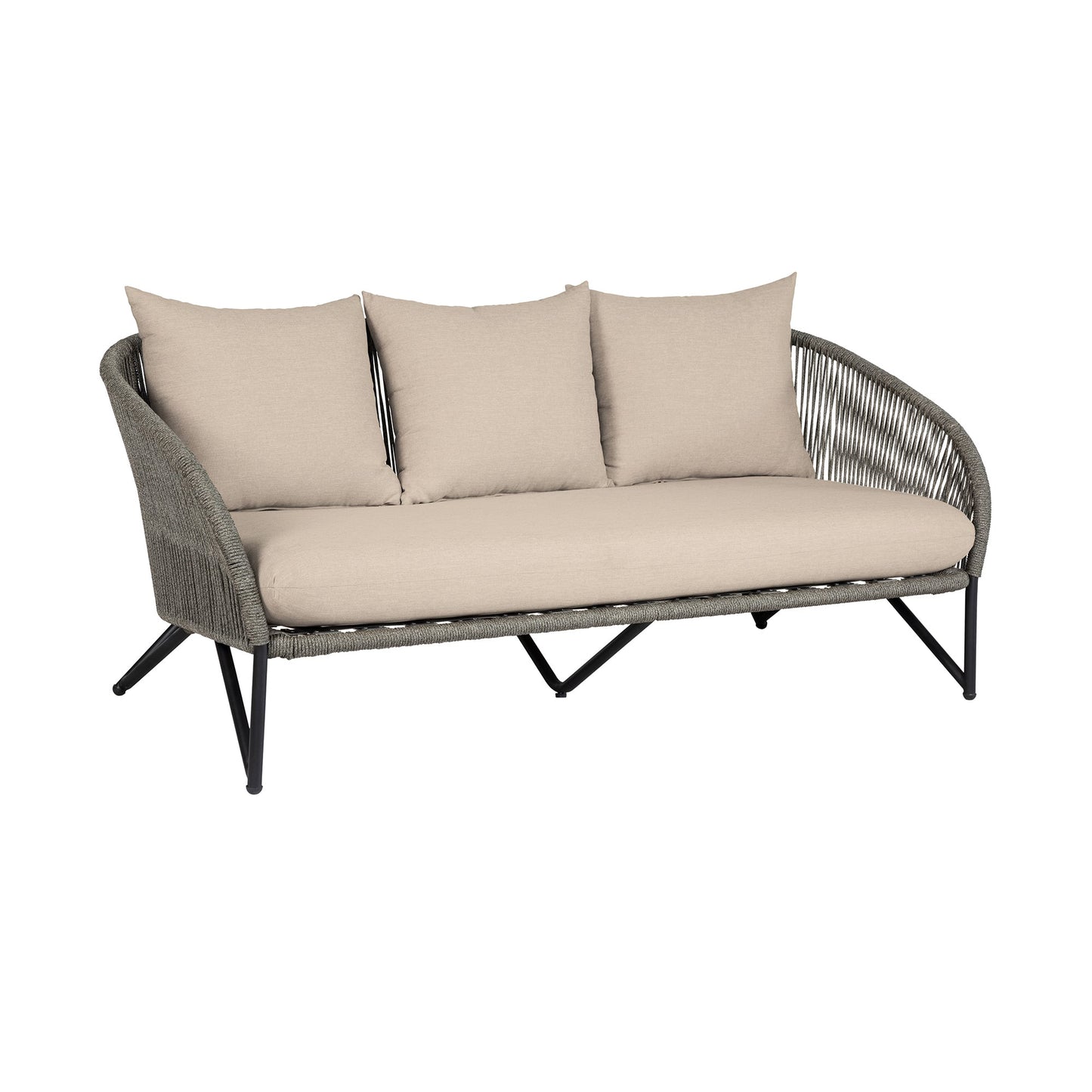 Benicia Outdoor Patio 4 Piece Conversation Set in Weathered Eucalyptus Wood and Metal with Gray Rope and Taupe Cushions