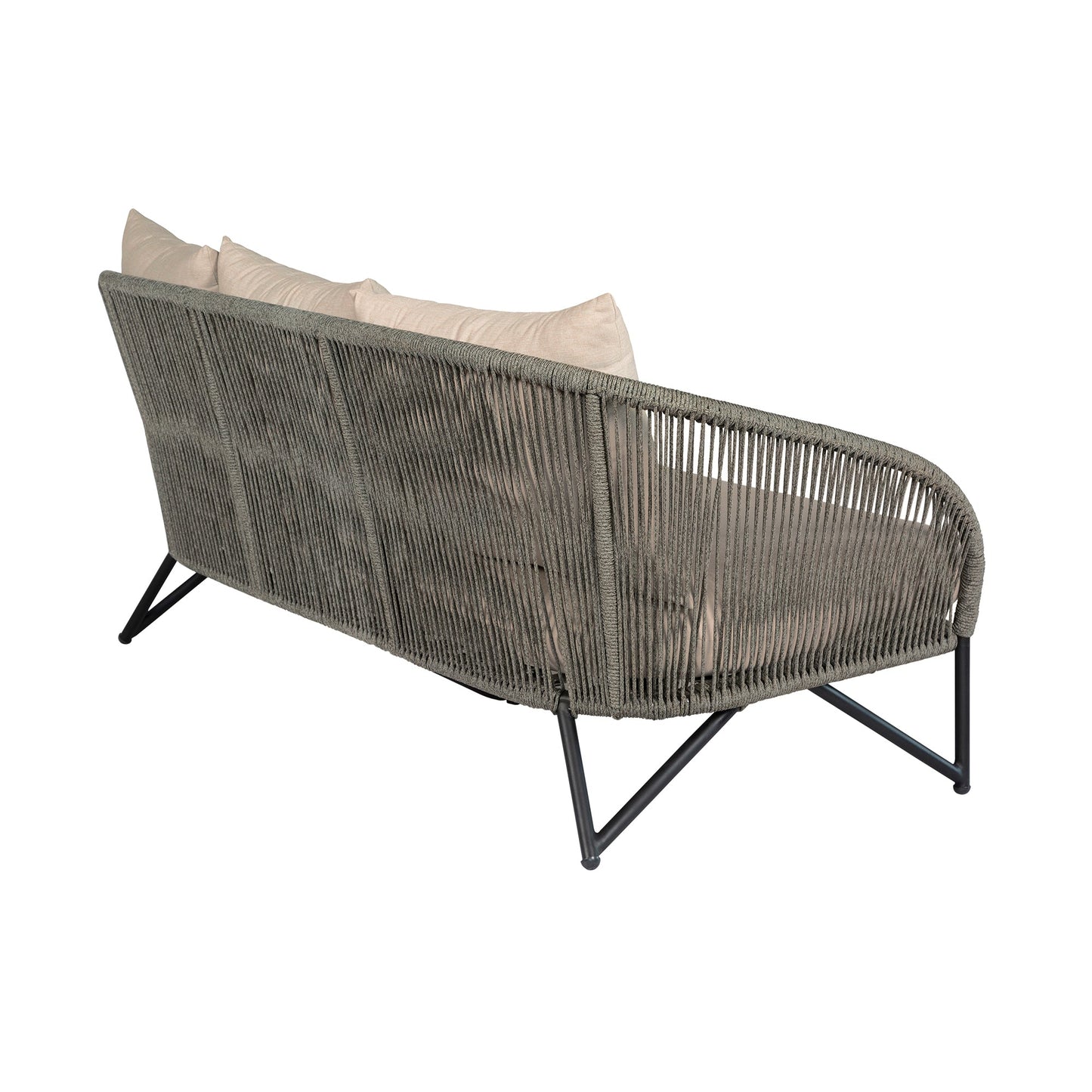 Benicia Outdoor Patio 4 Piece Conversation Set in Weathered Eucalyptus Wood and Metal with Gray Rope and Taupe Cushions